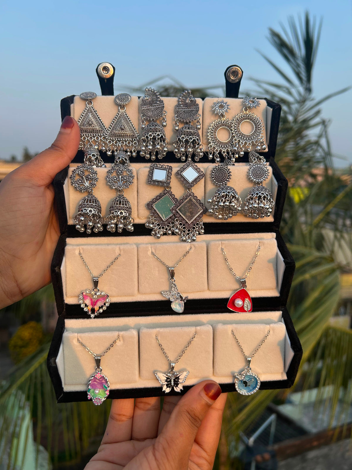 12-Piece Oxidised Silver Jhumka & Necklace Combo Setπβ¨